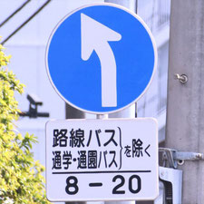 異形矢印標識(指定方向外進行禁止)。東京都北区にある。