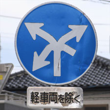 異形矢印標識(指定方向外進行禁止)。静岡県富士宮市にある。