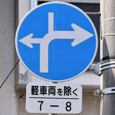 異形矢印標識(指定方向外進行禁止)。山口県萩市にある。