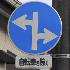異形矢印標識(指定方向外進行禁止)。群馬県桐生市にある。