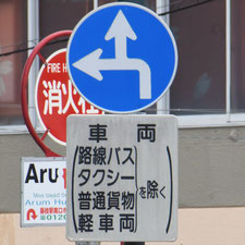 異形矢印標識(指定方向外進行禁止)。静岡県藤枝市にある。