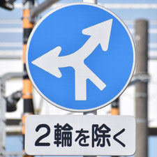 異形矢印標識(指定方向外進行禁止)。岡山県倉敷市にある。