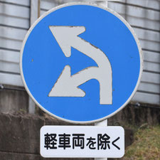 異形矢印標識(指定方向外進行禁止)。静岡県焼津市にある。