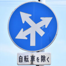異形矢印標識(指定方向外進行禁止)。広島県福山市にある。