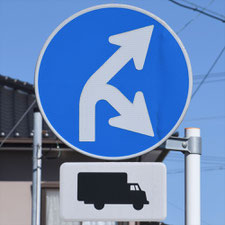 異形矢印標識(指定方向外進行禁止)。静岡県御前崎市にある。