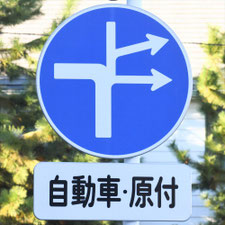 異形矢印標識(指定方向外進行禁止)。新潟県新潟市にある。