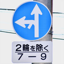 異形矢印標識(指定方向外進行禁止)。岡山県倉敷市にある。