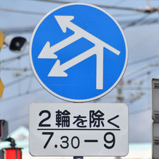 異形矢印標識(指定方向外進行禁止)。岡山県倉敷市にある。