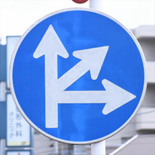 異形矢印標識(指定方向外進行禁止)。福岡県春日市にある。