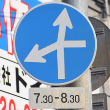 異形矢印標識(指定方向外進行禁止)。広島県呉市にある。