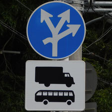 異形矢印標識(指定方向外進行禁止)。静岡県清水町にある。