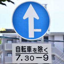 異形矢印標識(指定方向外進行禁止)。岡山県岡山市にある。