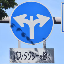 異形矢印標識(指定方向外進行禁止)。岡山県笠岡市にある。