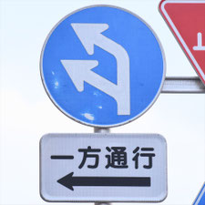 異形矢印標識(指定方向外進行禁止)。東京都練馬区にある。