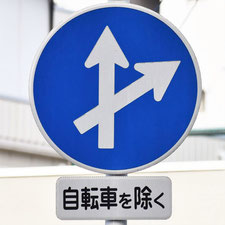 異形矢印標識(指定方向外進行禁止)。広島県広島市にある。