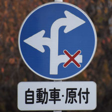 異形矢印標識(指定方向外進行禁止)。新潟県燕三条市にある。