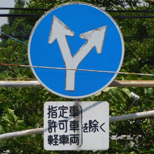 異形矢印標識(指定方向外進行禁止)。静岡県富士市にある。