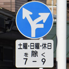 異形矢印標識(指定方向外進行禁止)。神奈川県海老名市にある。
