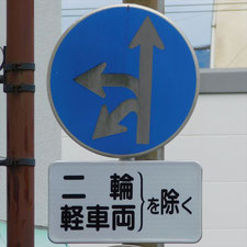 異形矢印標識(指定方向外進行禁止)。静岡県御殿場市にある。