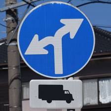 異形矢印標識(指定方向外進行禁止)。静岡県御前崎市にある。