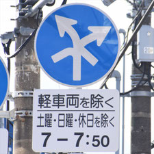 異形矢印標識(指定方向外進行禁止)。静岡県富士市にある。