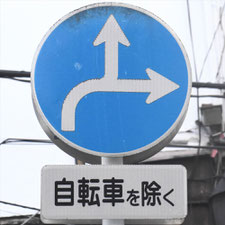 異形矢印標識(指定方向外進行禁止)。広島県広島市にある。