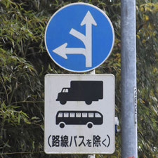 異形矢印標識(指定方向外進行禁止)。神奈川県小田原市にある。