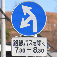 異形矢印標識(指定方向外進行禁止)。神奈川県秦野市にある。