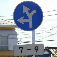 異形矢印標識(指定方向外進行禁止)。神奈川県小田原市にある。