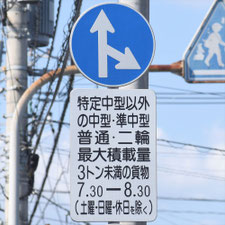 異形矢印標識(指定方向外進行禁止)。熊本県熊本市にある。