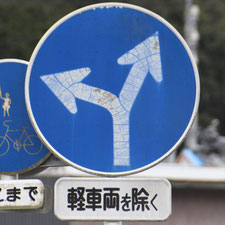 異形矢印標識(指定方向外進行禁止)。静岡県藤枝市にある。