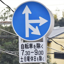 異形矢印標識(指定方向外進行禁止)。広島県府中町にある。