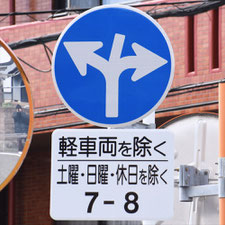 異形矢印標識(指定方向外進行禁止)。静岡県三島市にある。