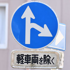 異形矢印標識(指定方向外進行禁止)。静岡県伊東市にある。