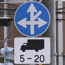 異形矢印標識(指定方向外進行禁止)。茨城県土浦市にある。