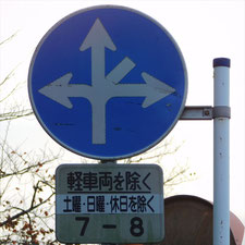 異形矢印標識(指定方向外進行禁止)。静岡県富士市にある。