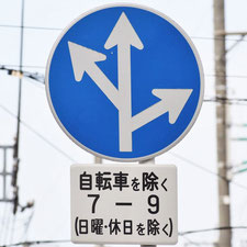 異形矢印標識(指定方向外進行禁止)。広島県広島市にある。