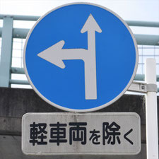 異形矢印標識(指定方向外進行禁止)。静岡県富士宮市にある。