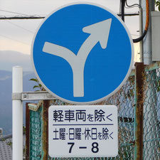 異形矢印標識(指定方向外進行禁止)。静岡県富士宮市にある。