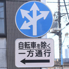 異形矢印標識(指定方向外進行禁止)。東京都新宿区にある。