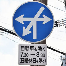 異形矢印標識(指定方向外進行禁止)。広島県広島市にある。