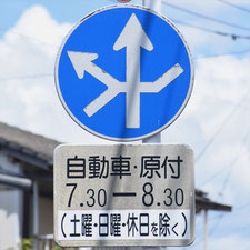 異形矢印標識(指定方向外進行禁止)。熊本県八代市にある。