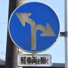 異形矢印標識(指定方向外進行禁止)。静岡県島田市にある。