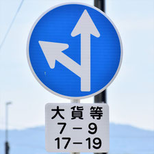 異形矢印標識(指定方向外進行禁止)。広島県福山市にある。