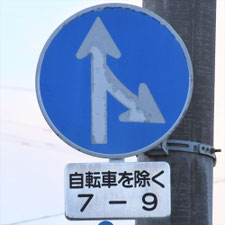異形矢印標識(指定方向外進行禁止)。三重県四日市市にある。