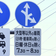 異形矢印標識(指定方向外進行禁止)。神奈川県逗子市にある。