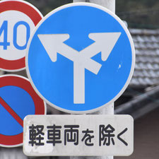 異形矢印標識(指定方向外進行禁止)。静岡県焼津市にある。