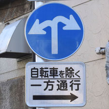 異形矢印標識(指定方向外進行禁止)。東京都世田谷区にある。