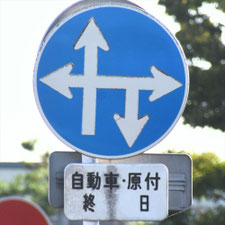 異形矢印標識(指定方向外進行禁止)。熊本県熊本市にある。