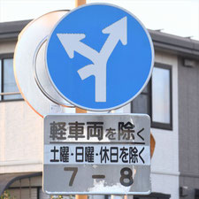 異形矢印標識(指定方向外進行禁止)。静岡県藤枝市にある。